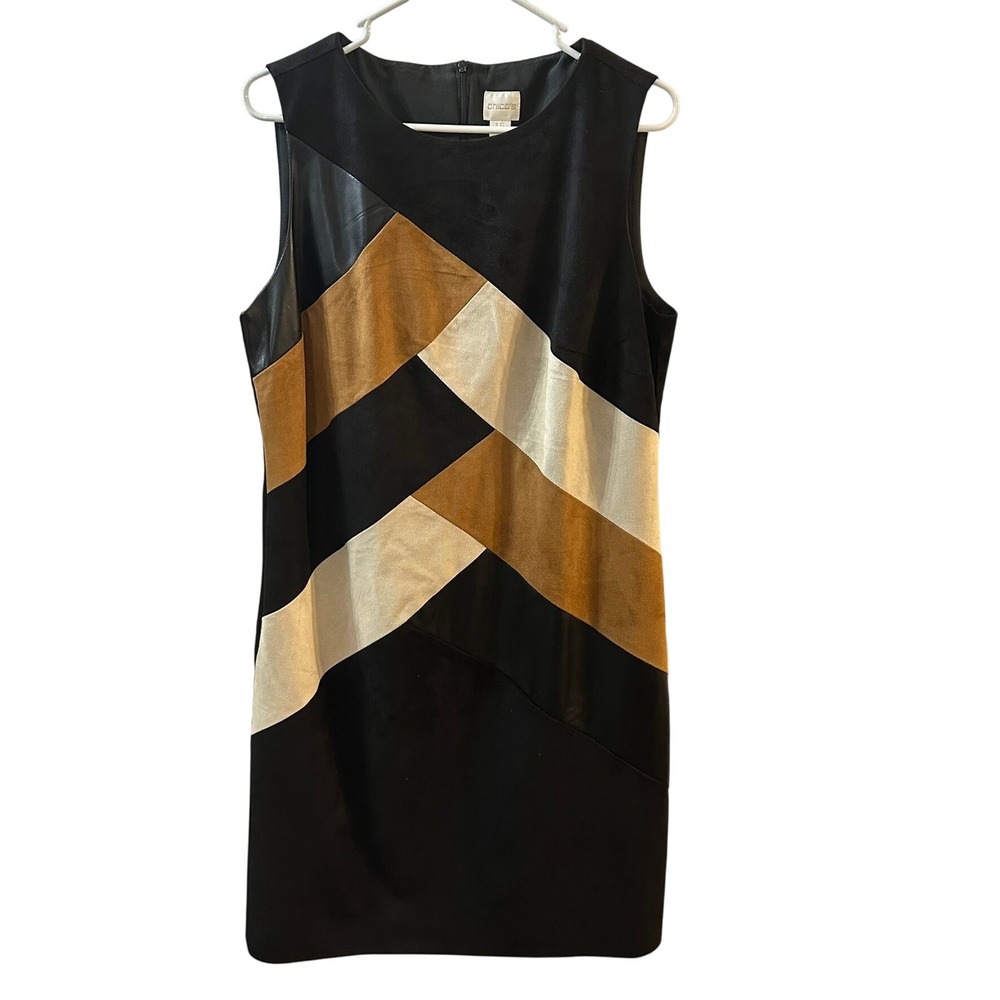 Chicos Size 1.5 Black Brown‎ White Chevron Block Sleeveless Sheath Dress